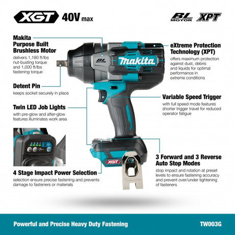 Makita TW003GZ 40Vmax XGT Brushless 1/2" High Torque Impact Wrench, Tool Only